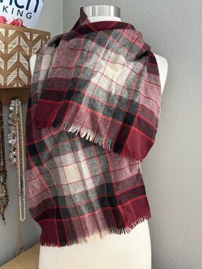 Vintage Cisco Cashmere Wool Red Black Tartan Plaid Scarf Unisex 48"x 12.5"